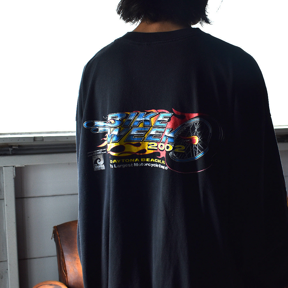 Y2K JENSEN ”BIKEWEEK 2002” ファイヤーパターン! バイク Tシャツ USA製 250513
