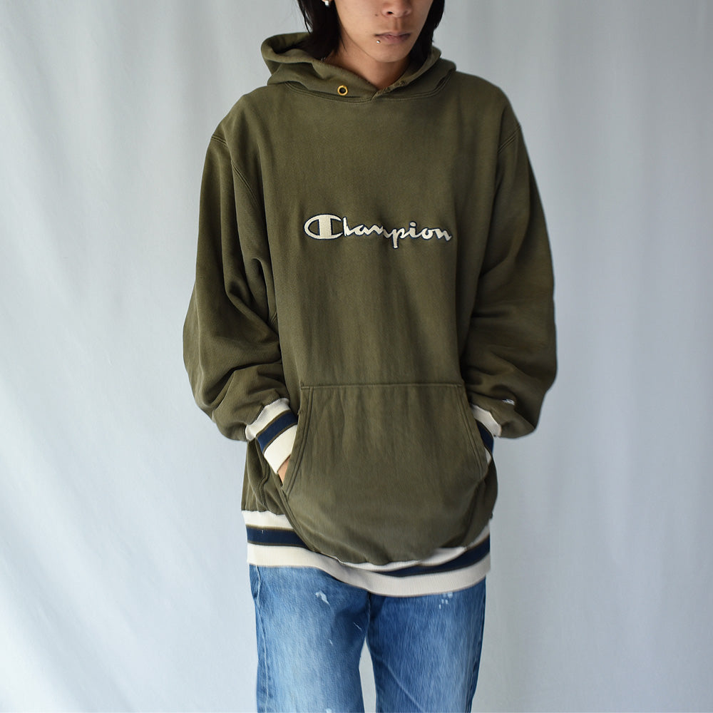 90's Champion 配色リブ スクリプトロゴ リバースウィーブ パーカー USA製 220714H