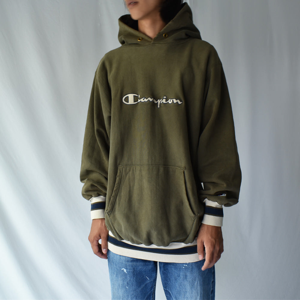 90's Champion 配色リブ スクリプトロゴ リバースウィーブ パーカー USA製 220714H