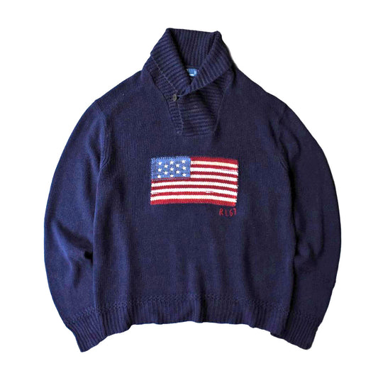 90's Polo by Ralph Lauren 星条旗 ショールカラー ニット セーター 260113H