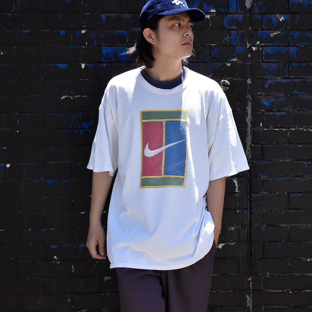 90's NIKE フェイク刺繍 swoosh logo プリントTシャツ USA製 240627H