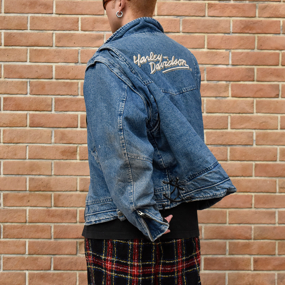 80's～ Harley Davidson 2Way type！ デニム ライダースジャケット チェックライナー 241008H