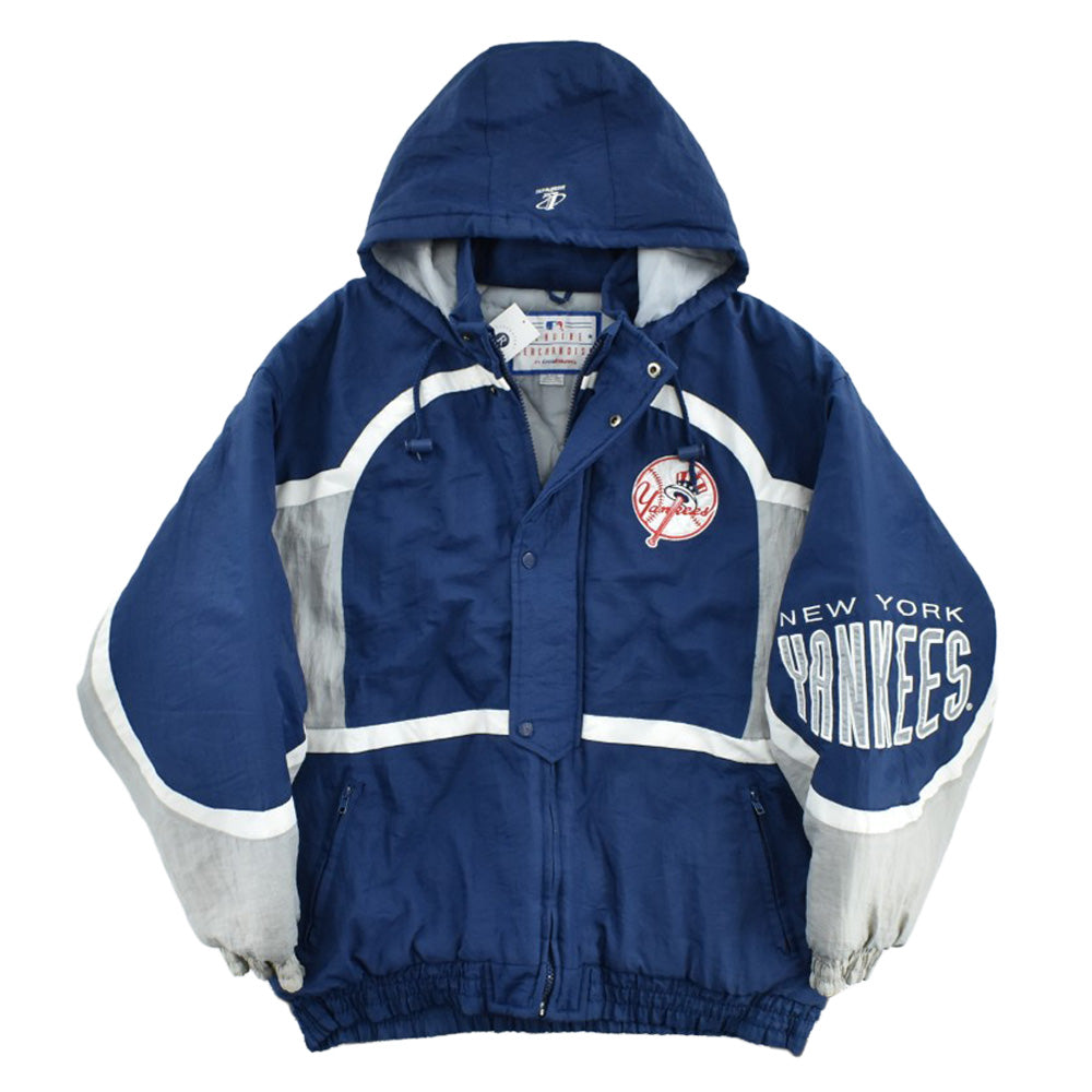 90’s Logo Athletic ロゴアスレチック MLB New York Yankees ニューヨーク・ヤンキース 中綿 ナイロンジャケット フード付き ネイビー グレー