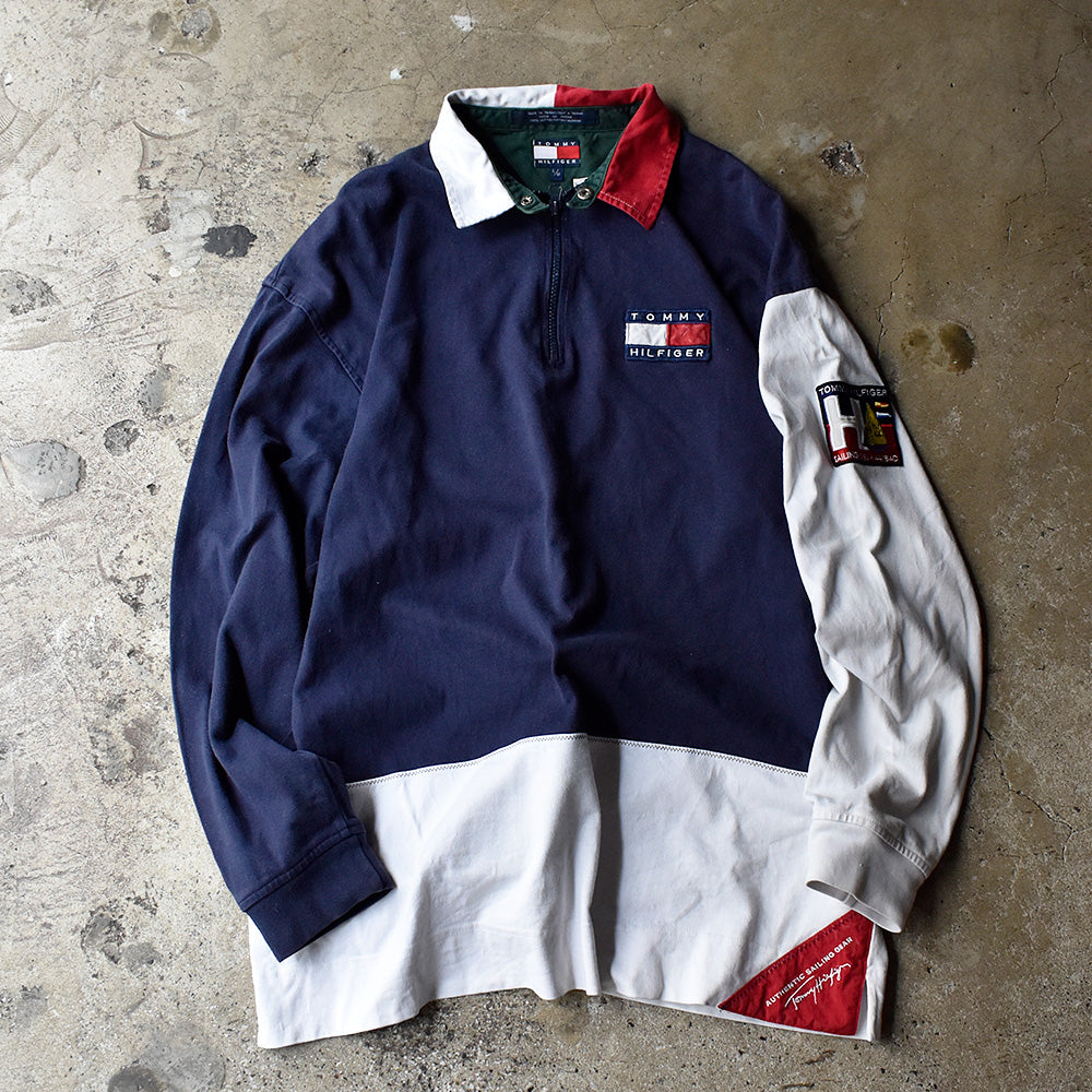 90's TOMMY HILFIGER “SALING GEAR” チンスト付き ハーフジップ ラガーシャツ 240526H