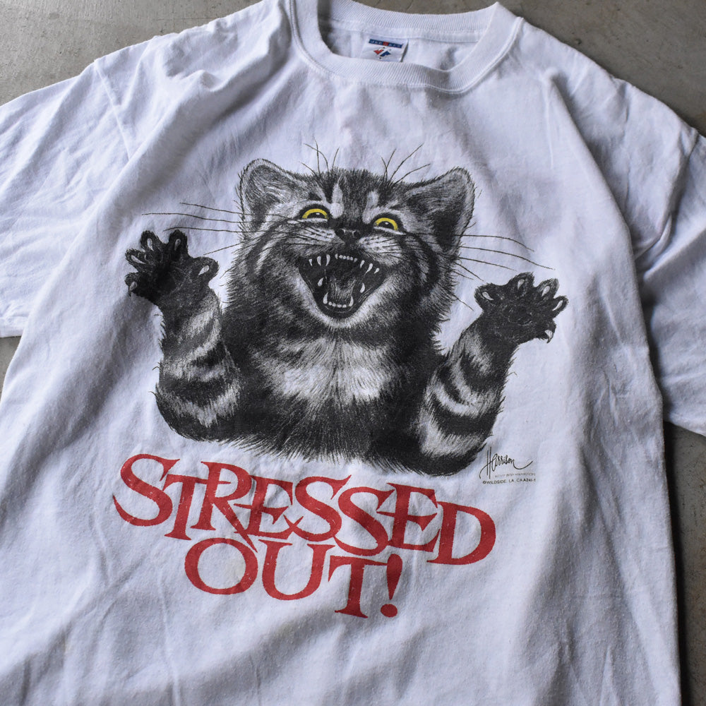 STRESSED OUT ネコ アニマルプリント Tシャツ 2000年代 古着
