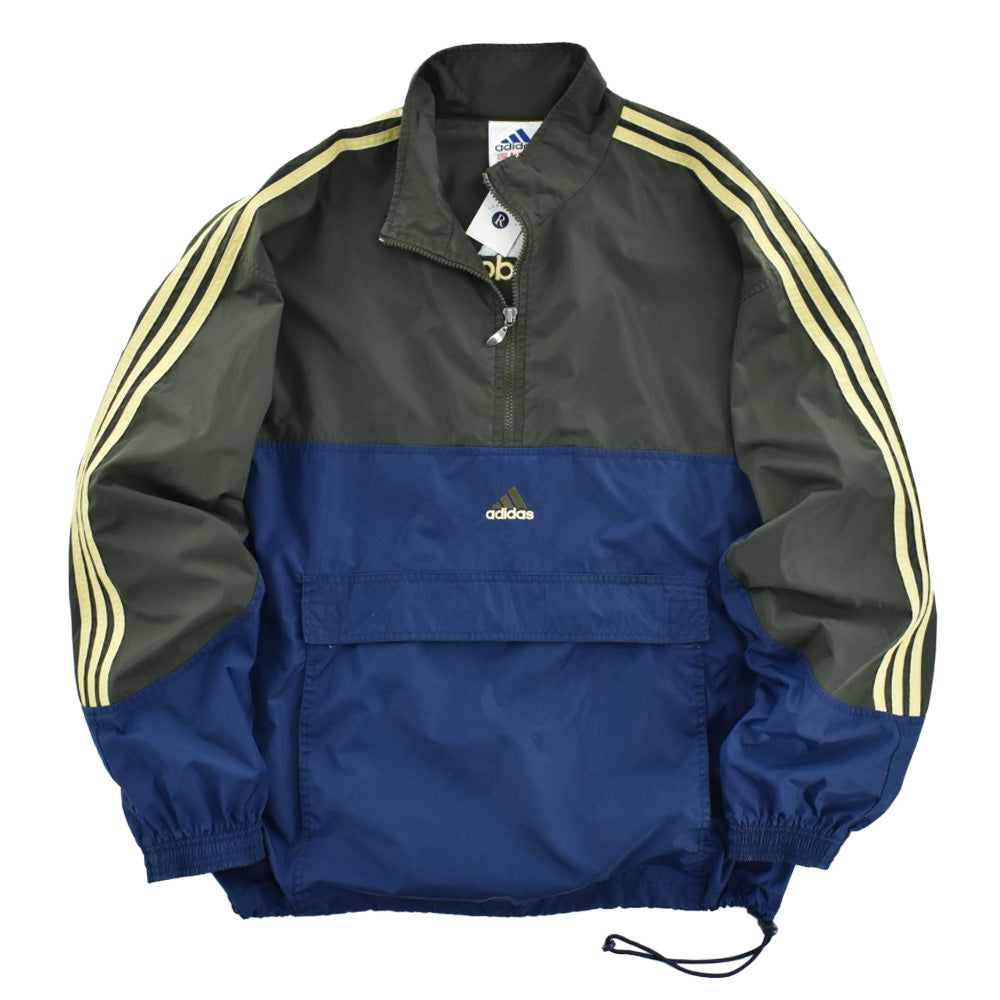 90’s adidas アディダス ハーフジップ ナイロン アノラック オリーブ ネイビー 3本線 パフォーマンスロゴ 刺繍