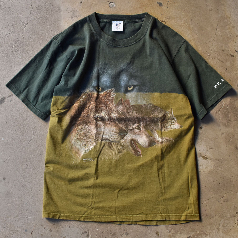 90's　“wolf” オオカミ アニマルプリント Tシャツ　USA製　230510