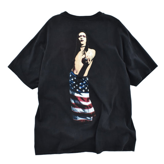 90年代 マリリン・マンソン ロックTシャツ 黒 胸にHELLO my name isの名札 背中に星条旗の写真 Winterlandタグ USA製 XL