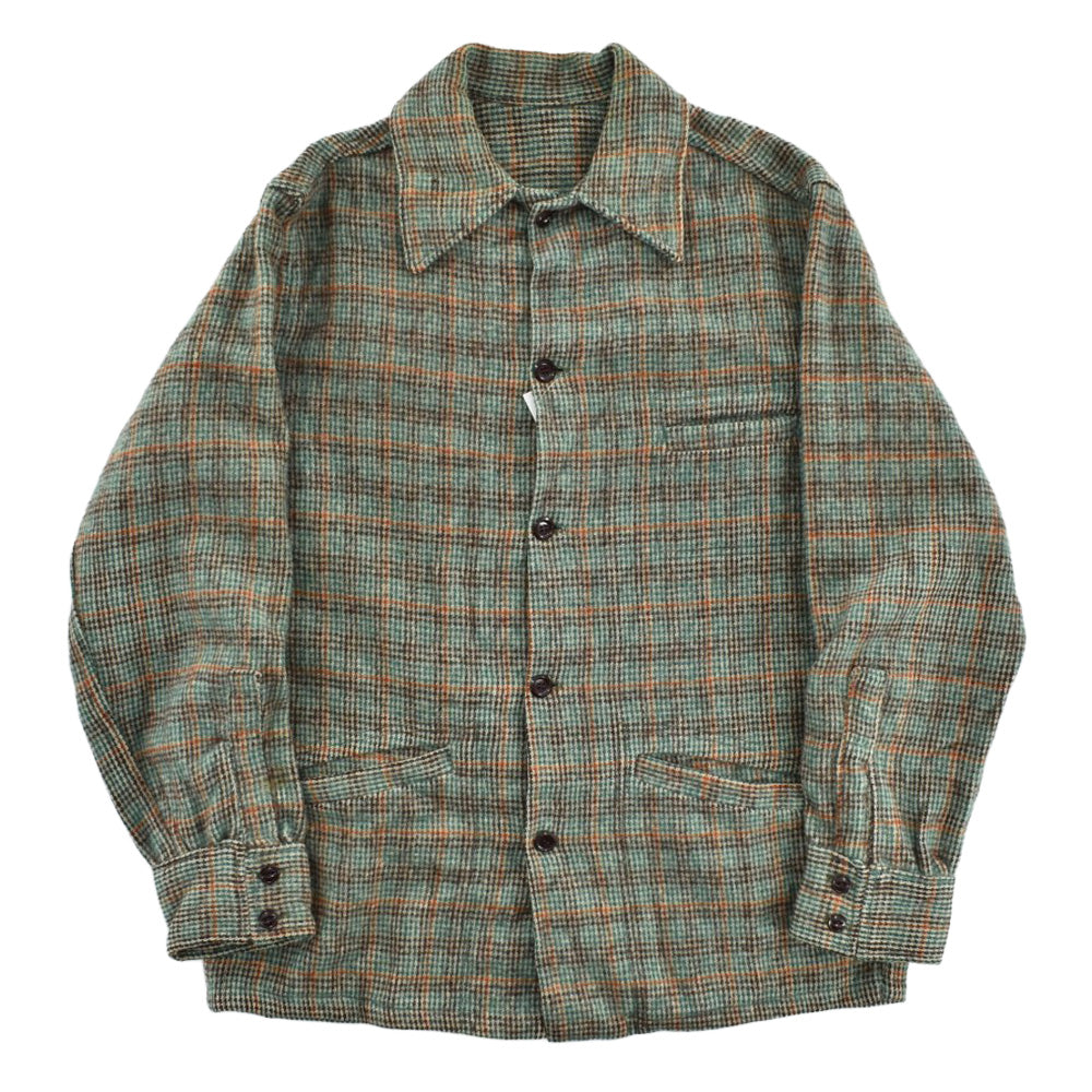 50’s-60’s ウール チェック ジャケット シャツ襟 グリーン オレンジ ブラウン 猫目ボタン