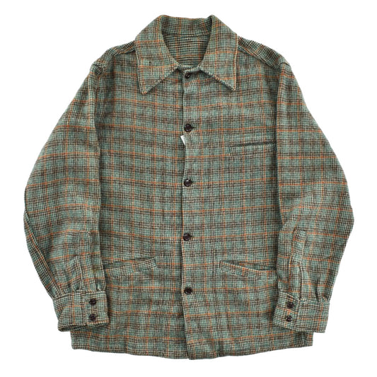 50’s-60’s ウール チェック ジャケット シャツ襟 グリーン オレンジ ブラウン 猫目ボタン