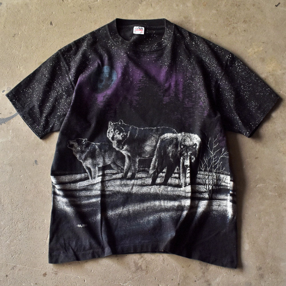 90's　“WOLF” AOP！ オオカミ アニマルプリントTシャツ　USA製　230901