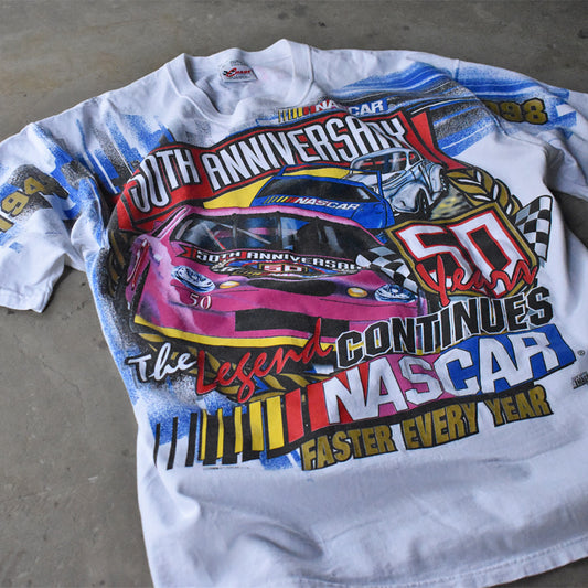 90's CHASE RACEWEAR “NASCAR 50th Anniversary” AOP! レーシング Tシャツ USA製 240423