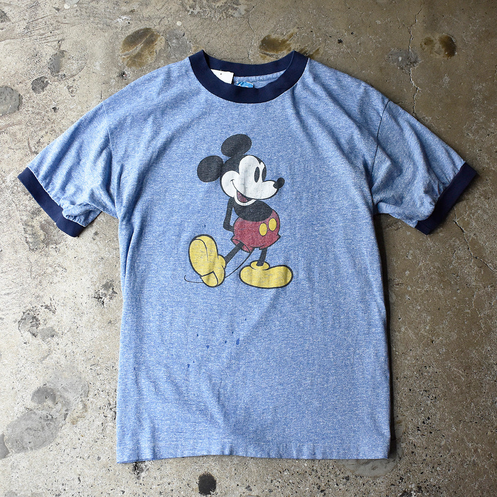 80's Disney “Mickey“ 霜降りブルー リンガーTシャツ USA製 250626H