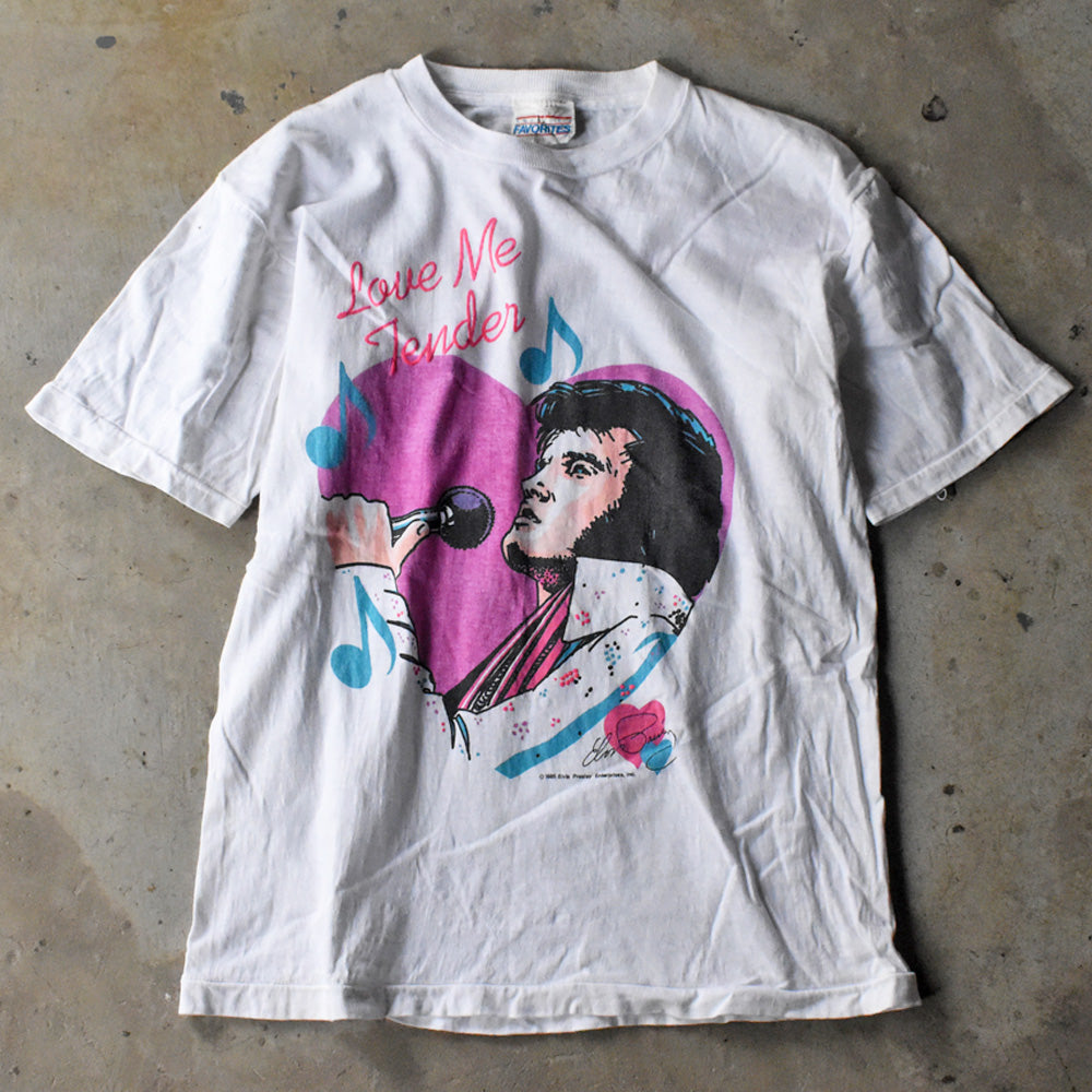 エルヴィス・プレスリー Love Me Tender 発泡プリント Tシャツ 1985年 ブルー×ピンク パキスタン製 ヴィンテージ