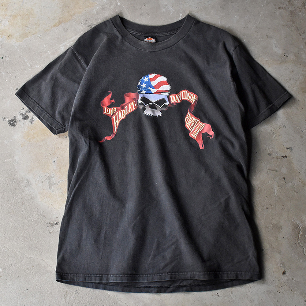ハーレーダビッドソン スカル チェッカーフラッグ 両面プリント Tシャツ 2001年 USA製 古着