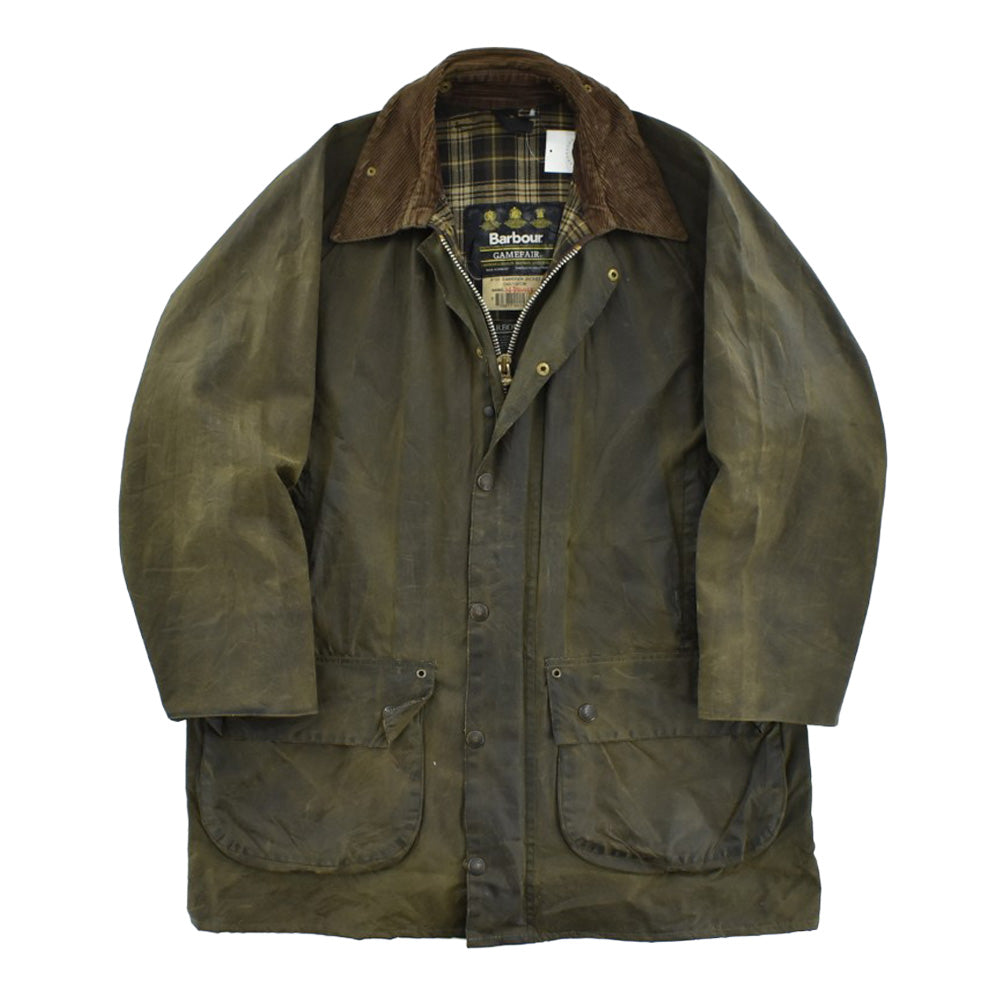 90年代 Barbour GAMEFAIR 旧3ワラント オイルドジャケット オリーブ フェード コーデュロイ襟 イングランド製
