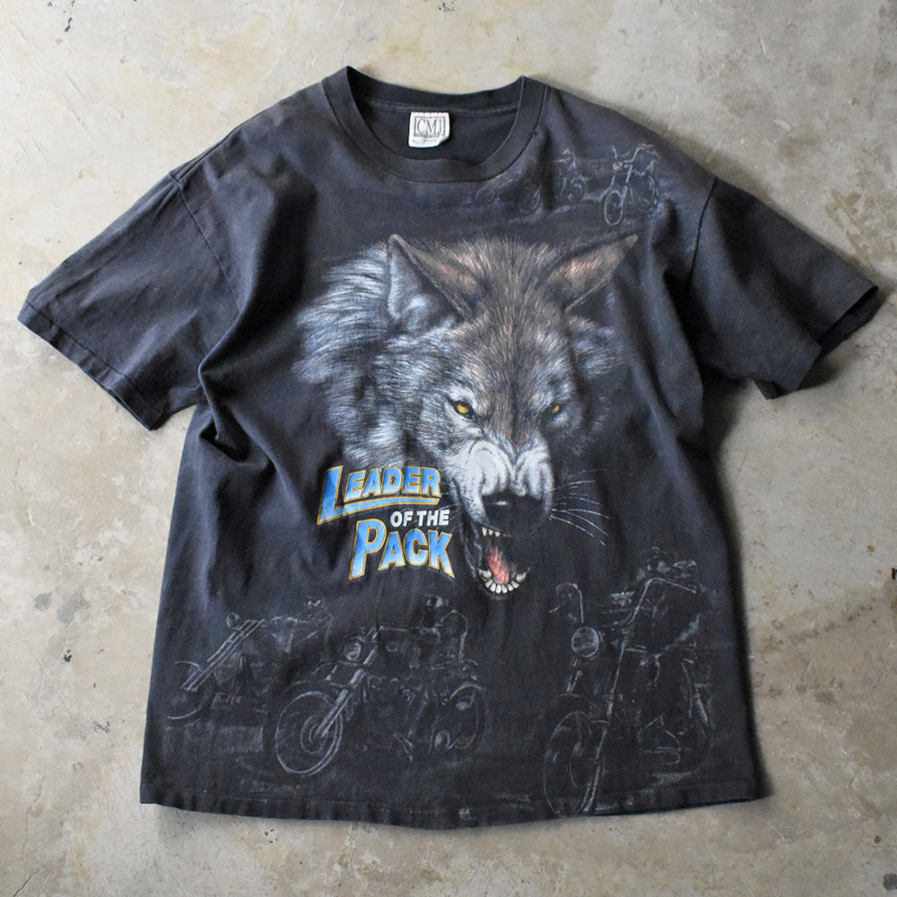 LEADER OF THE PACK ウルフ バイク オールオーバープリント Tシャツ 1990年〜 フェードブラック ヴィンテージ