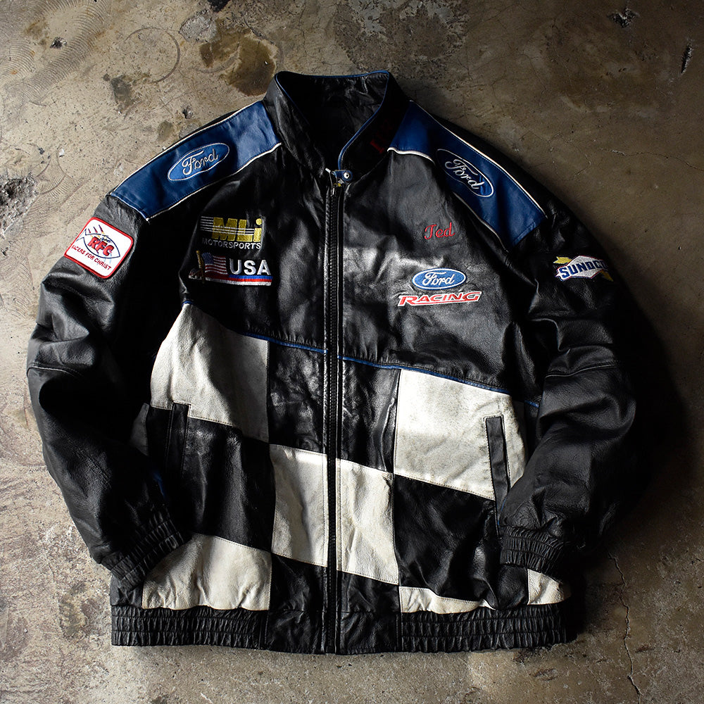 ESSEX チェッカーフラッグ レザー レーシングジャケット 1990年 ヴィンテージ