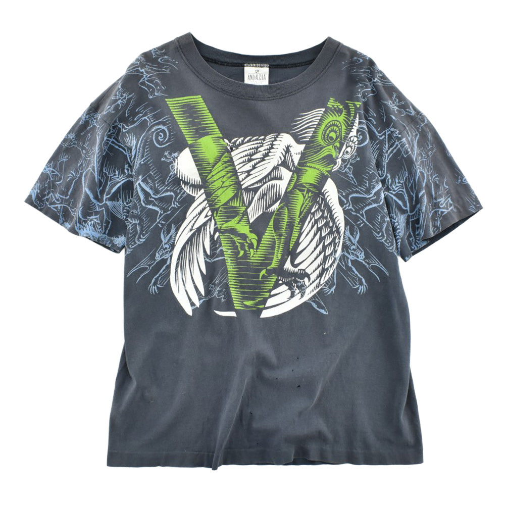 アンダジア 怪物 鳥 木版画 総柄 アートTシャツ 90年代 USA製 ヴィンテージ
