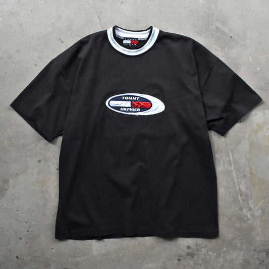 90’s ブートレグ TOMMY HILFIGER 刺繍ロゴ トリムTシャツ USA製 250429
