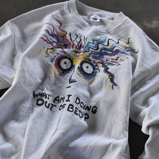 90’s FRUIT OF THE LOOM “What Am I Doing Out Of Bed” アート スウェット USA製 240316
