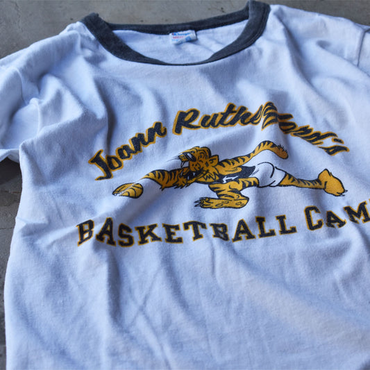 80's　Champion/チャンピオン トリコロールタグ！ “john rutherford's” 染み込みプリント リンガーTシャツ　USA製　230721