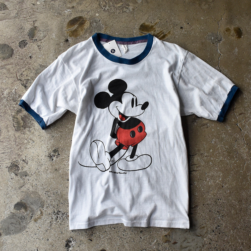 ディズニー 白足ミッキー 染み込み リンガーTシャツ 70〜80年代 ホワイト ネイビー ヴィンテージ