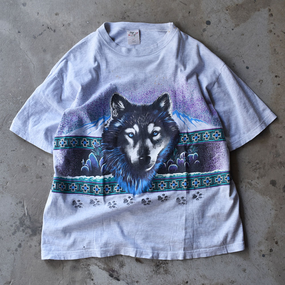 90's　“wolf” オオカミ アニマルプリント Tシャツ　USA製　230506