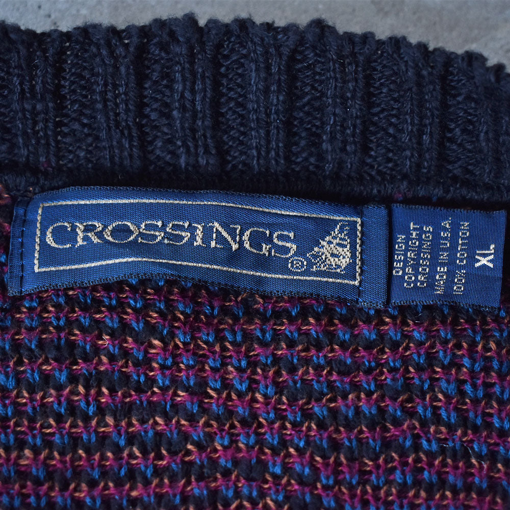 90’s CROSSINGS 総柄ニット コットンセーター USA製 240109