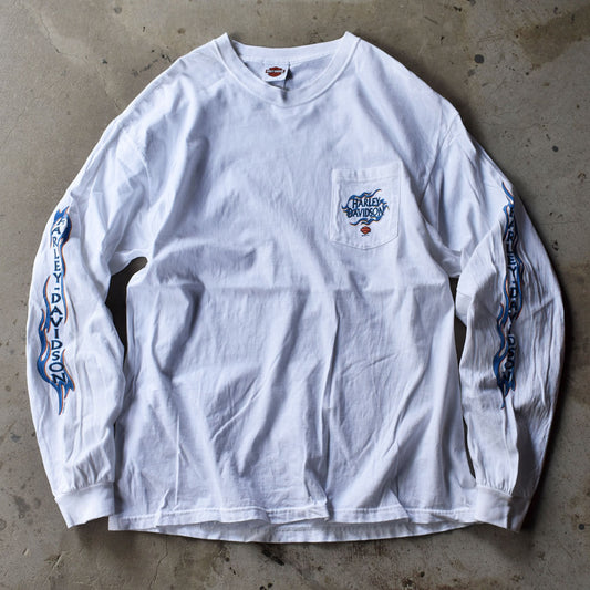 Y2K Harley-Davidson 袖プリント ファイヤーパターン バイク 長袖 ポケット Tシャツ USA製 230625H
