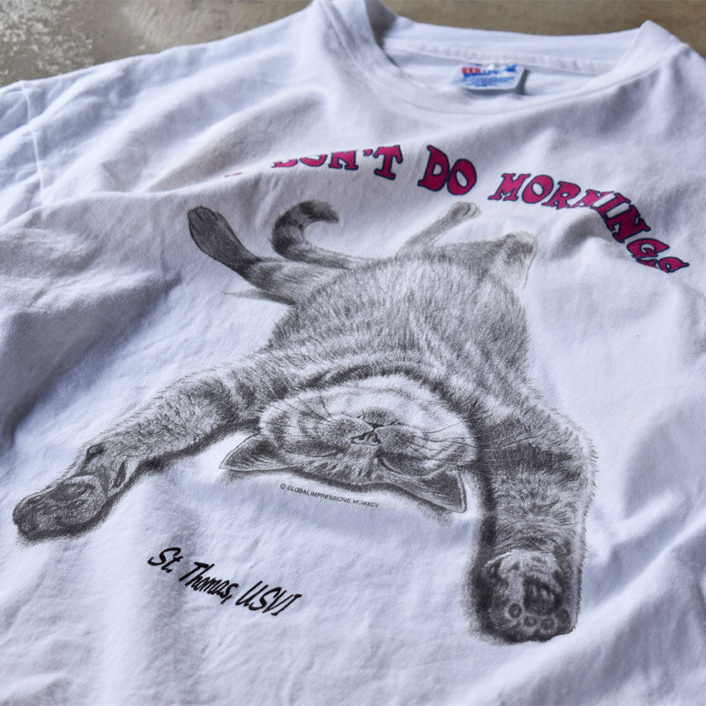 90's　“I DON'T DO MORNING” ネコ アニマルプリント Tシャツ　USA製　230627