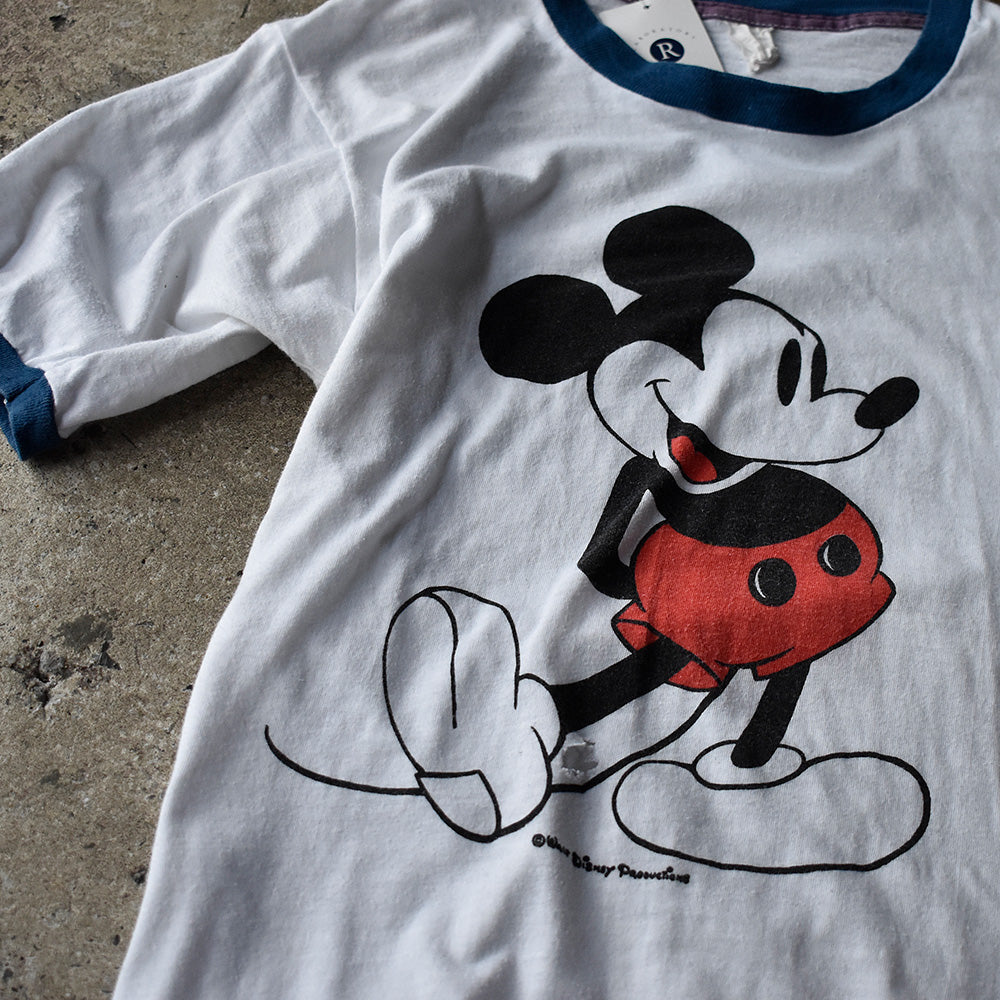 70's-80’s Disney “Mickey” 白足ミッキー 染み込み リンガー Tシャツ 250807H