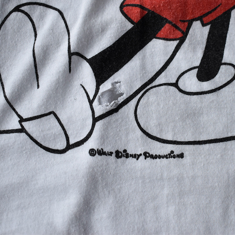 70's-80’s Disney “Mickey” 白足ミッキー 染み込み リンガー Tシャツ 250807H