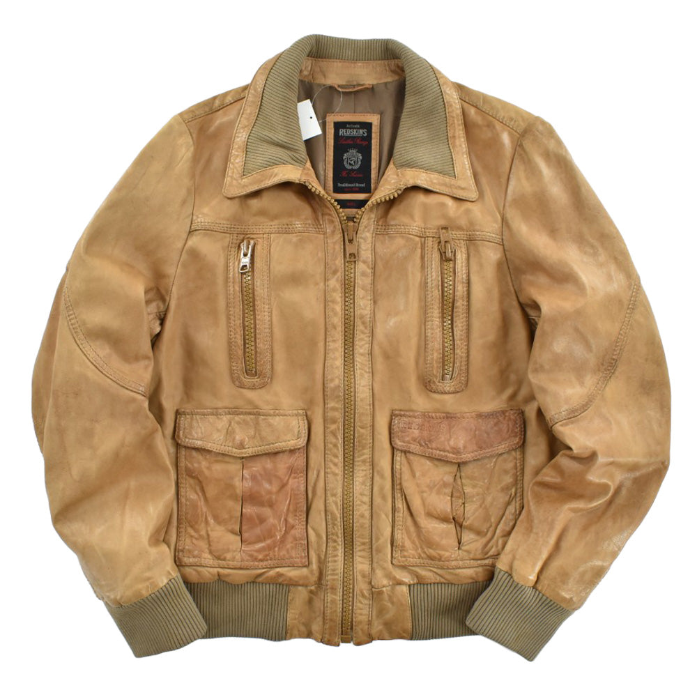 Y2K REDSKINS レッドスキンズ シープレザー レザージャケット キャメル リブ襟 縦ジップポケット