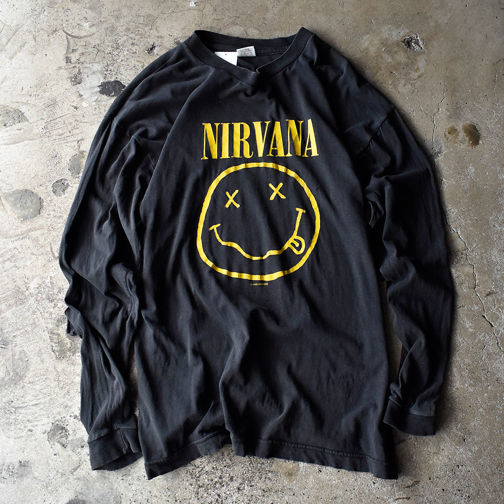 90's NIRVANA 両面プリント！ “ラリったスマイリーフェイス＆カート” ロングスリーブTシャツ 240826H