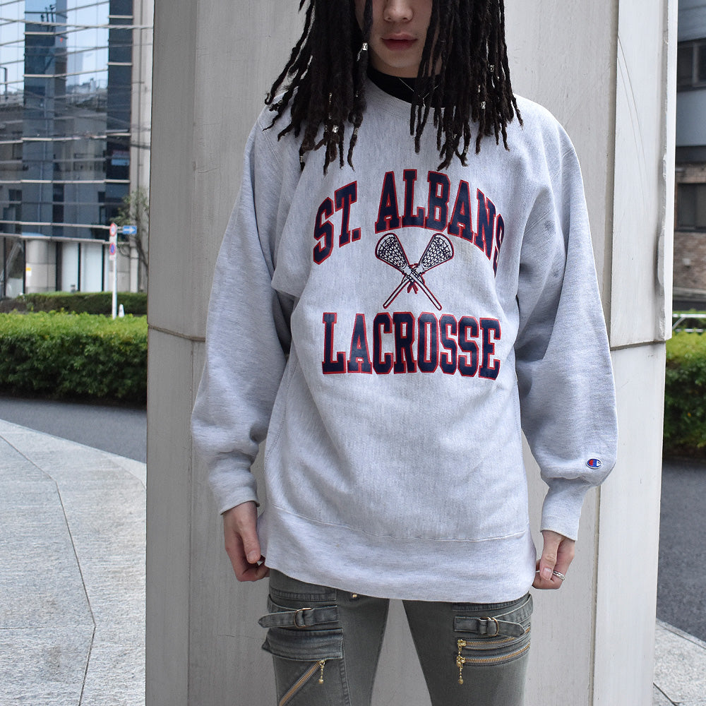 90's Champion "ST.ALBANS LACROSSE" 3段プリント RWスウェット USA製 240220H