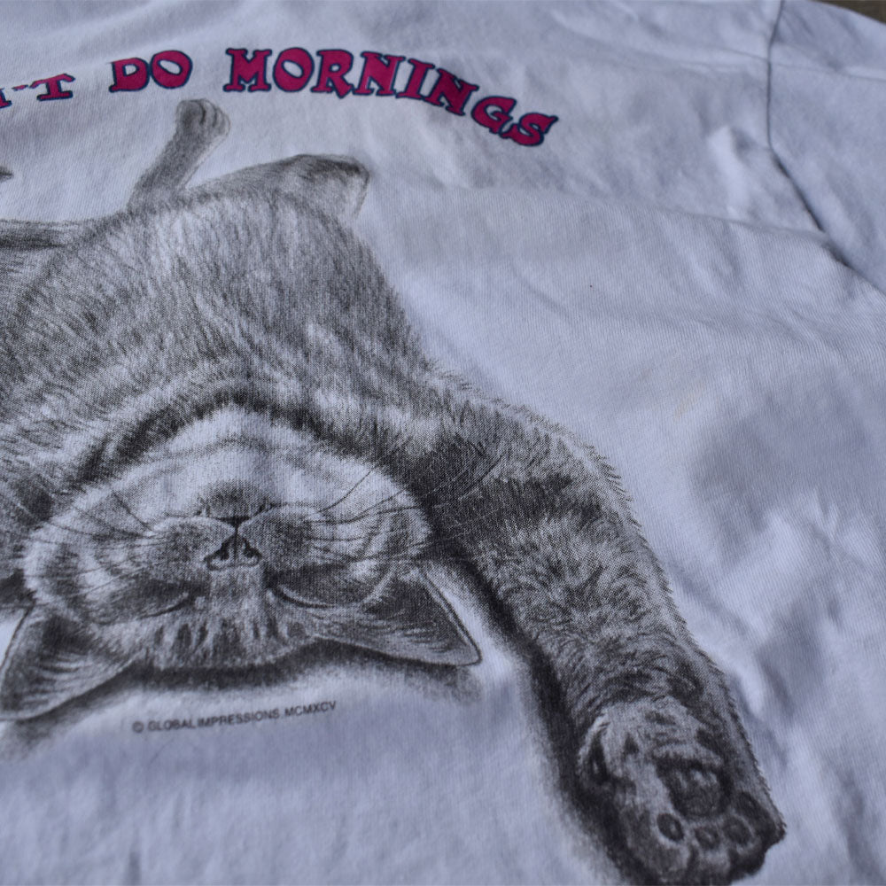 90's　“I DON'T DO MORNING” ネコ アニマルプリント Tシャツ　USA製　230627