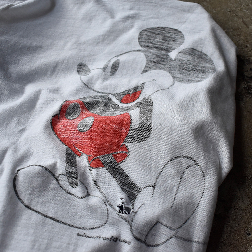 70's-80’s Disney “Mickey” 白足ミッキー 染み込み リンガー Tシャツ 250807H