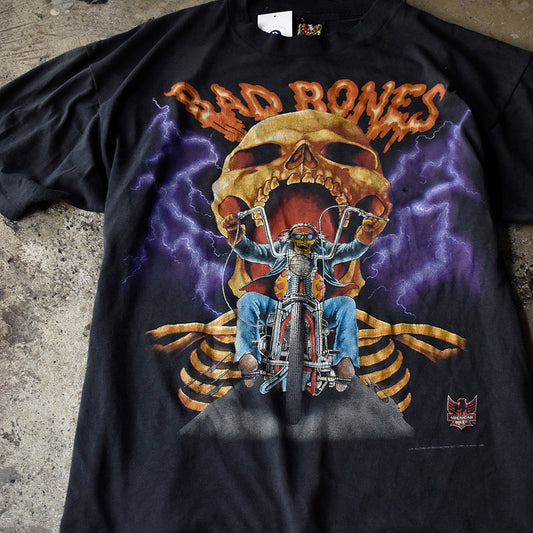 90's 3D EMBLEM “BAD BONES” Skull×Thunder バイク Tシャツ USA製 250818H