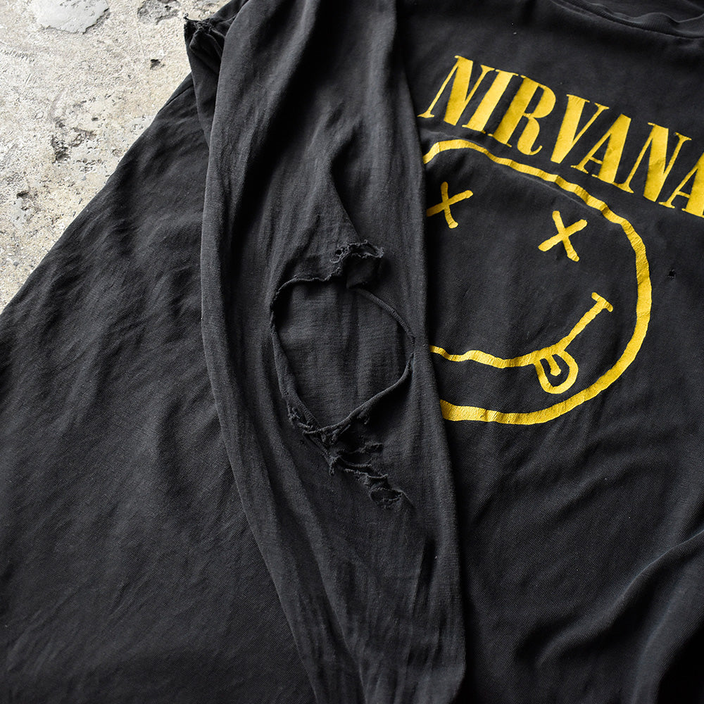 90's NIRVANA 両面プリント！ “ラリったスマイリーフェイス＆カート” ロングスリーブTシャツ 240826H