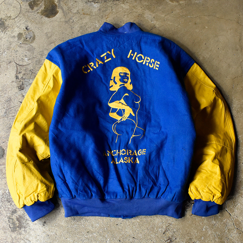 CRAZY HORSE ヌードレディ刺繍 袖レザー アワードジャケット 1980年〜 ブルー イエロー ヴィンテージ
