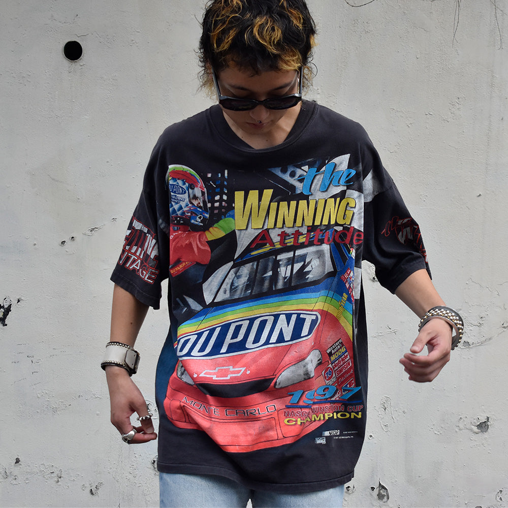 CHASE authentics 総柄 レーシングTシャツ 1997年 ブラック USA製 ヴィンテージ