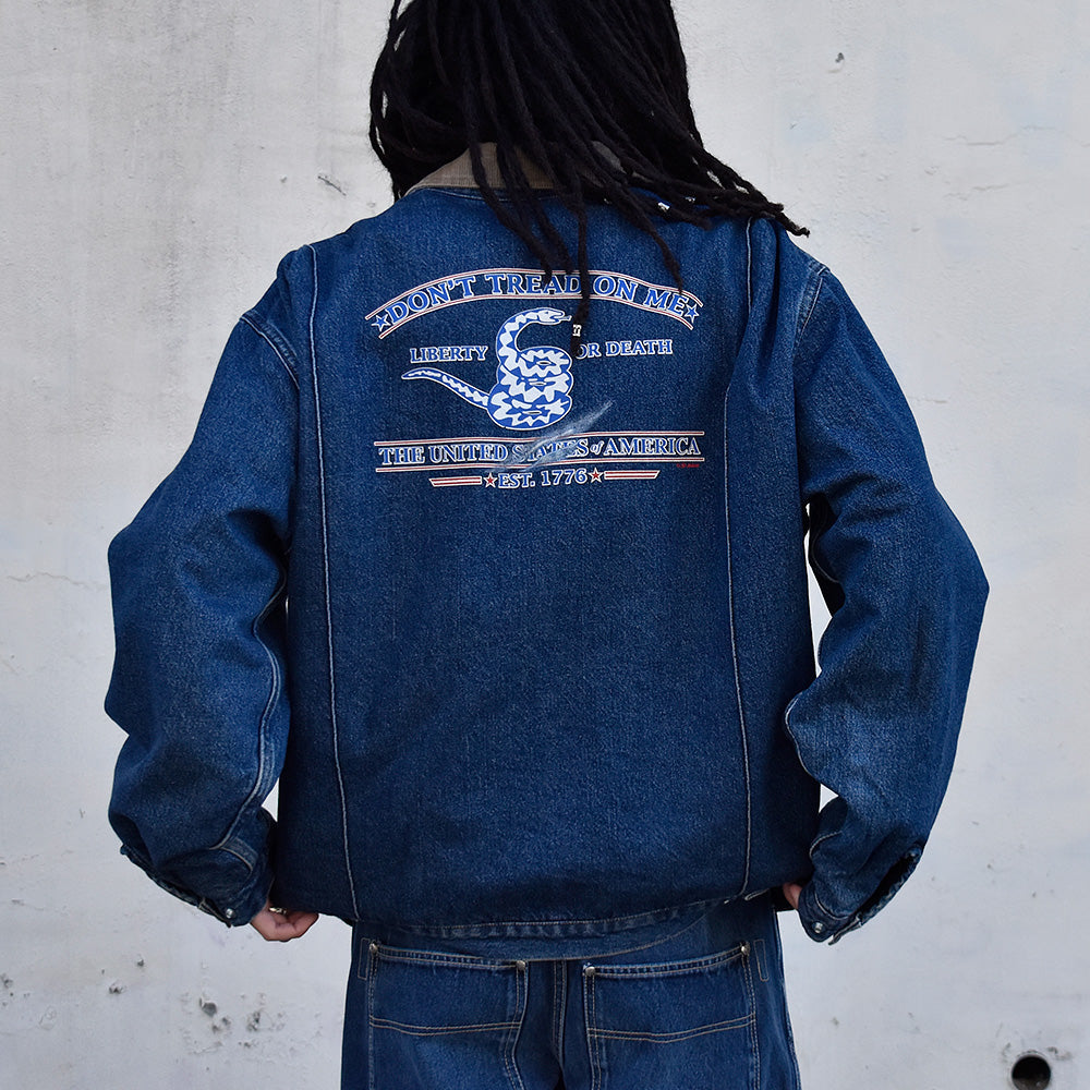 90's Dickies “Gadsden flag”プリント デニムジャケット ブランケットライナー 231210H