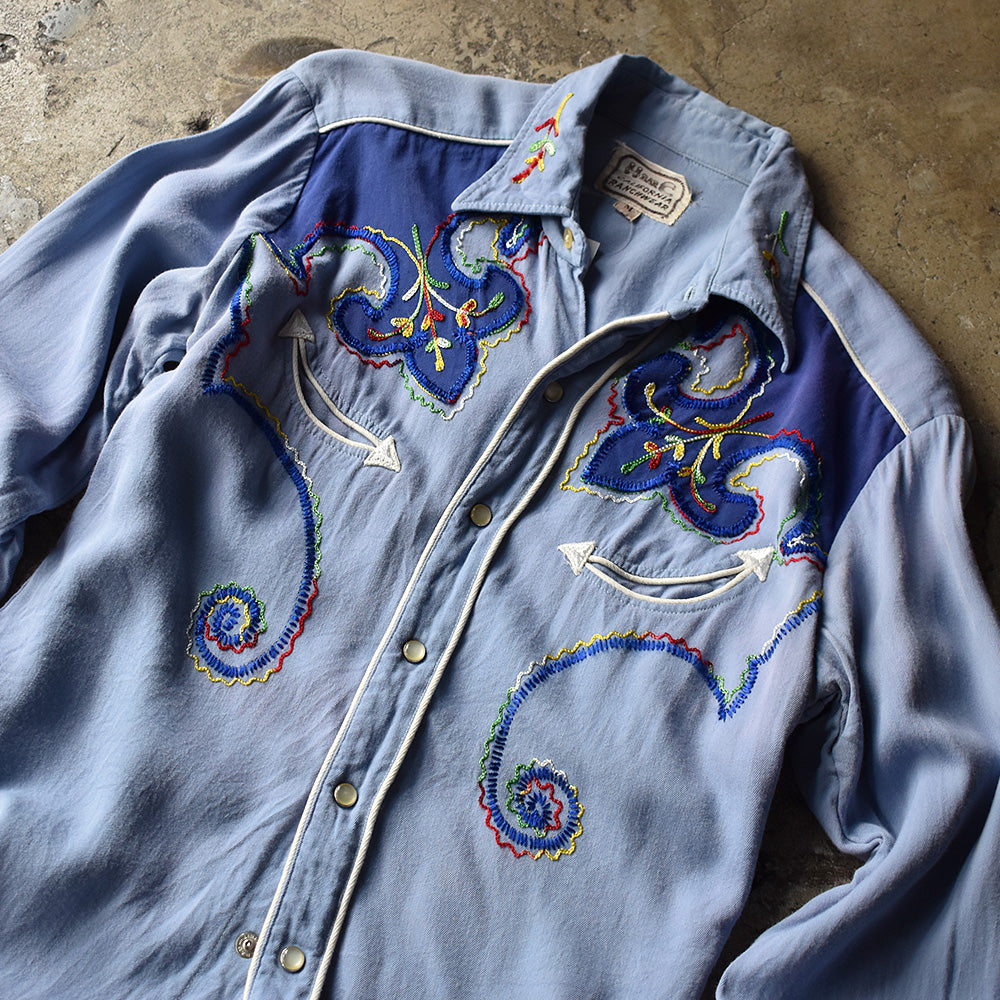 H BAR C レーヨン ウエスタンシャツ 刺繍 50年代 ライトブルー ヴィンテージ
