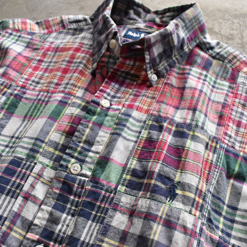 90's Ralph Lauren “BLAKE” パッチワーク！ マドラスチェック 半袖 ボタンダウンシャツ 240801 S2157