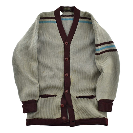 40年代 ENGLEWOOD KNITTING MILLS レタードカーディガン グレー えんじ 水色ライン ウール シカゴ