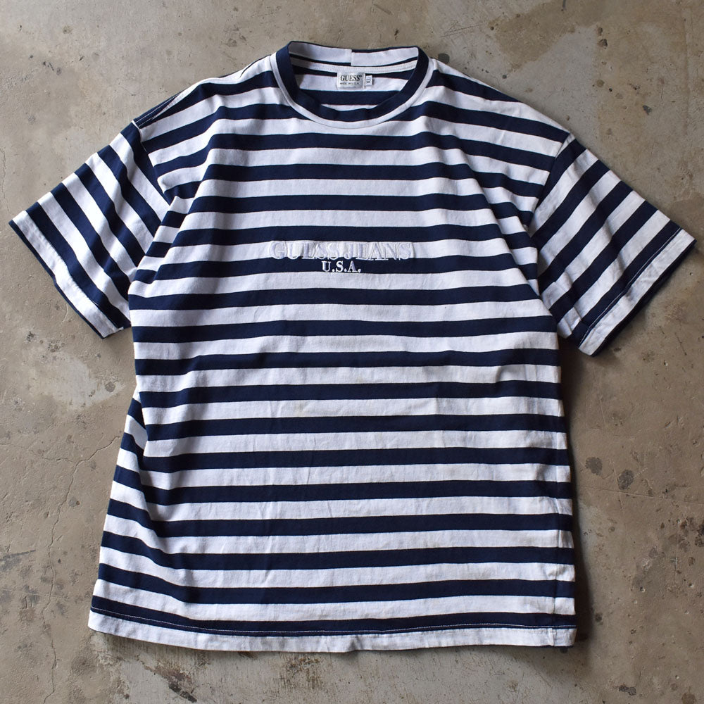 90’s GUESS JEANS ボーダー ロゴ刺繍 Tシャツ USA製 240430
