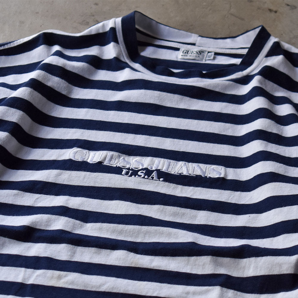 ゲス ボーダー ロゴ刺繍 Tシャツ 90年代〜 ネイビー×ホワイト USA製 ヴィンテージ