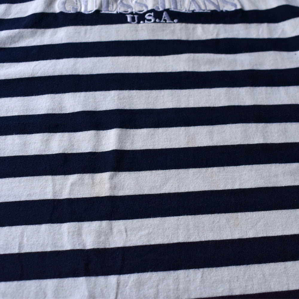 90’s GUESS JEANS ボーダー ロゴ刺繍 Tシャツ USA製 240430