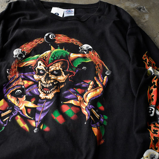 Y2K “Skull Clown” 8 Ball ファイヤーパターン! ロングスリーブ Tシャツ 250811H